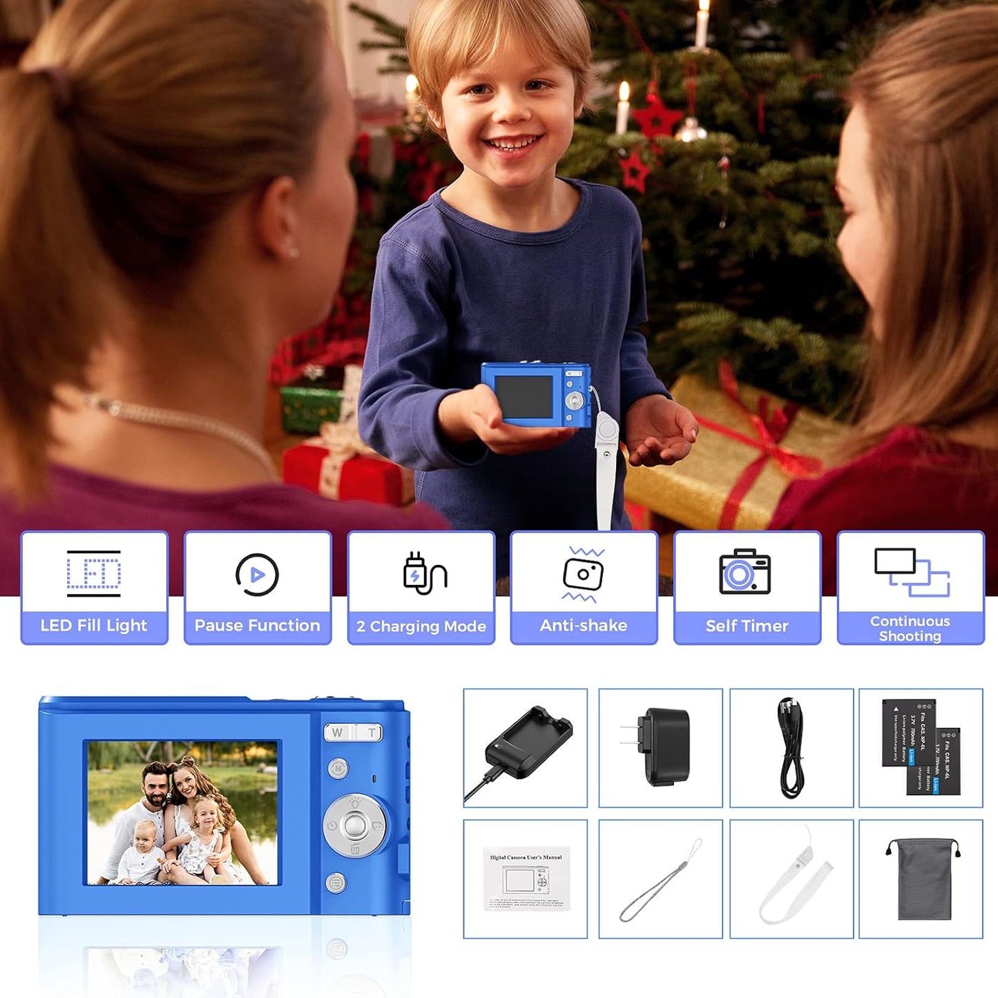 Professional Digital Camera for Kids and Beginners, 48MP Full HD 1080P Mini Vlogging Camera with 16X Zoom, Dual Charging Modes, Compact Pocket Design (Blue)