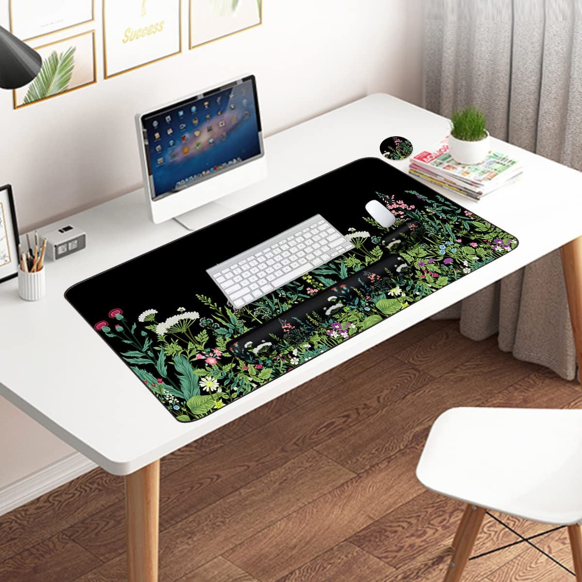 Extended Keyboard and Mouse Pad Set with Ergonomic Wrist Rest Support - Memory Foam, 3-Piece Desk Pad Set (35.4 x 15.7 in) for Home Office, Study, and Gaming - Weeds Design