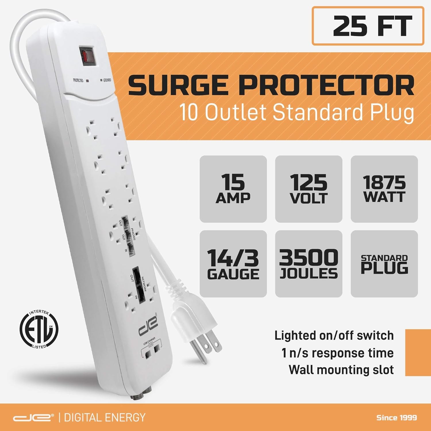 10-Outlet Heavy-Duty Surge Protector with 4050 Joules and 25 FT Straight Plug (White)