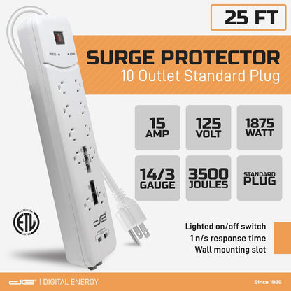 10-Outlet Heavy-Duty Surge Protector with 4050 Joules and 25 FT Straight Plug (White)