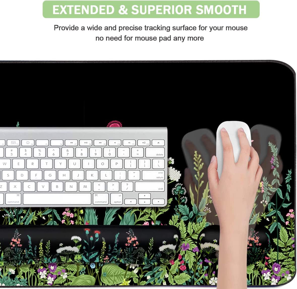 Extended Keyboard and Mouse Pad Set with Ergonomic Wrist Rest Support - Memory Foam, 3-Piece Desk Pad Set (35.4 x 15.7 in) for Home Office, Study, and Gaming - Weeds Design