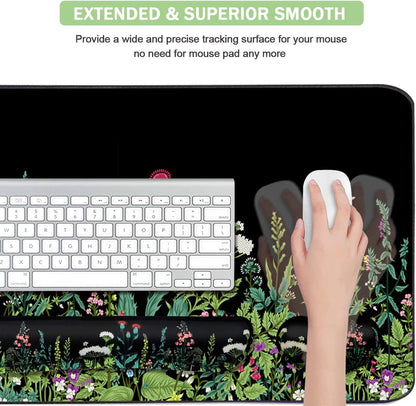 Extended Keyboard and Mouse Pad Set with Ergonomic Wrist Rest Support - Memory Foam, 3-Piece Desk Pad Set (35.4 x 15.7 in) for Home Office, Study, and Gaming - Weeds Design