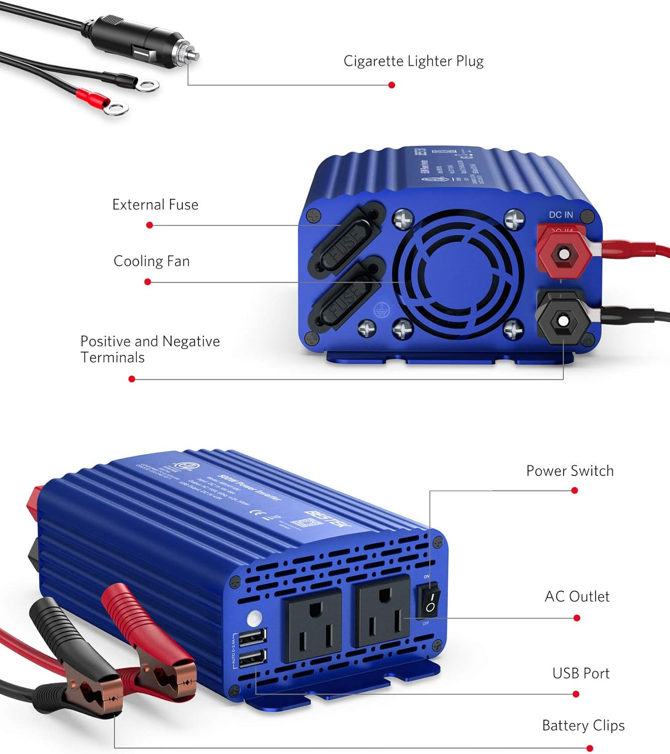 500W Power Inverter DC 12V to 110V AC Converter with 4.8A Dual USB Car Charger ETL Listed (Blue)