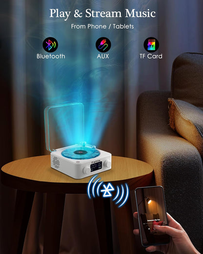 Charming Waves Vinyl Bluetooth Speaker - Retro Style with Ocean Sound White Noise, Ambient Light & Timer for Relaxation and Fun