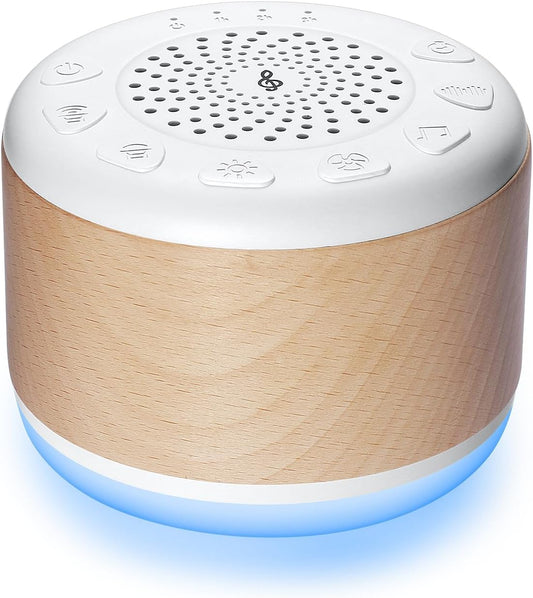 Wooden White Noise Machine for All Ages - Sleep Aid Sound Therapy with 24 Soothing Sounds, 8 Color Night Light, and Adjustable Timer Functions for Home, Office, and Travel