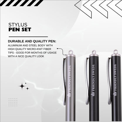 Professional Mesh Tip Stylus Pen Set for Touchscreen Devices – 3-Pack Micro-Knit Capacitive Stylus with Replaceable Fiber Tips, Elastic Lanyards, and Screen Cleaning Cloth