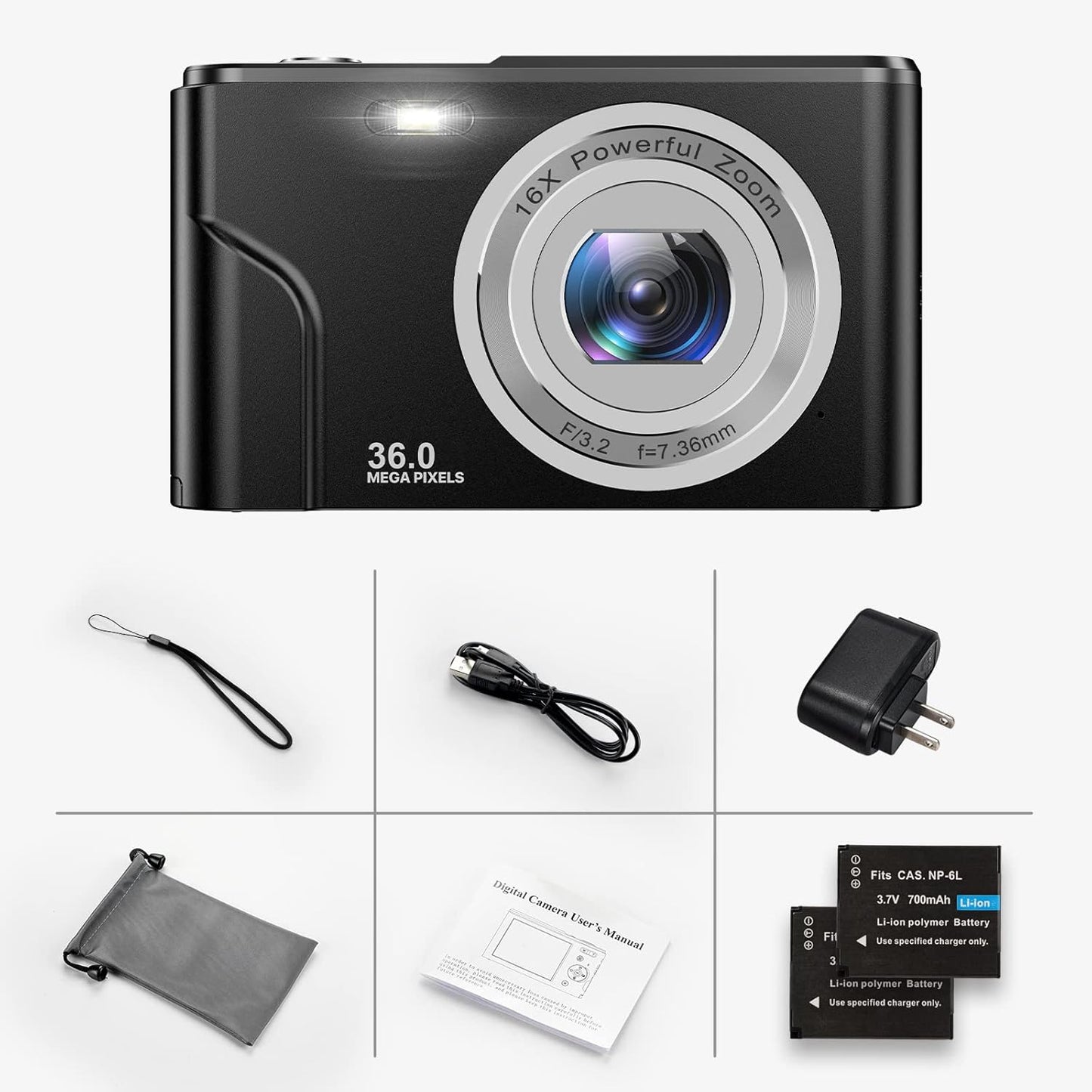 Children's Digital Camera - 36MP, 1080P FHD, 16X Digital Zoom, Rechargeable Compact Vlogging Camera for Kids and Teens (Black)