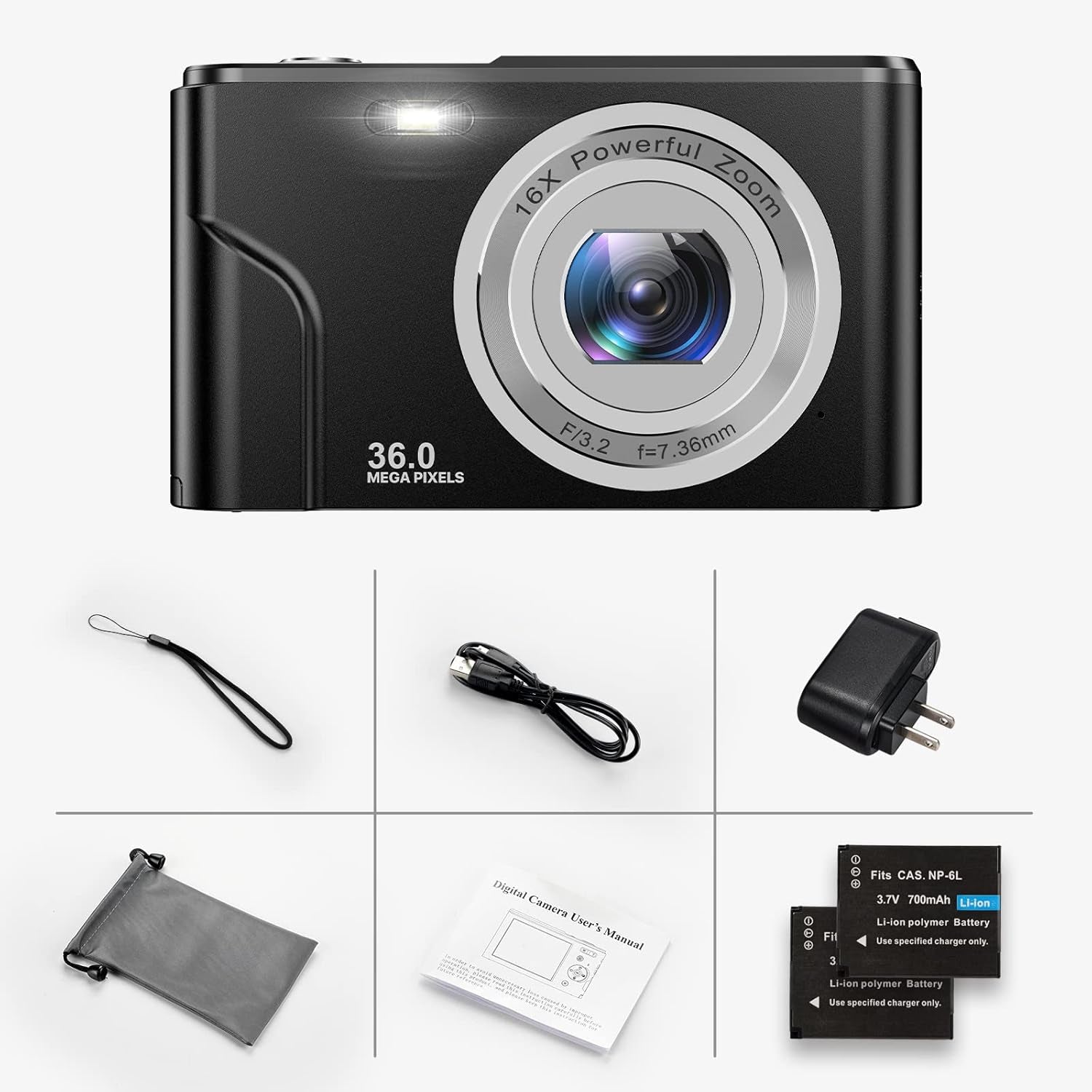 Children's Digital Camera - 36MP, 1080P FHD, 16X Digital Zoom, Rechargeable Compact Vlogging Camera for Kids and Teens (Black)