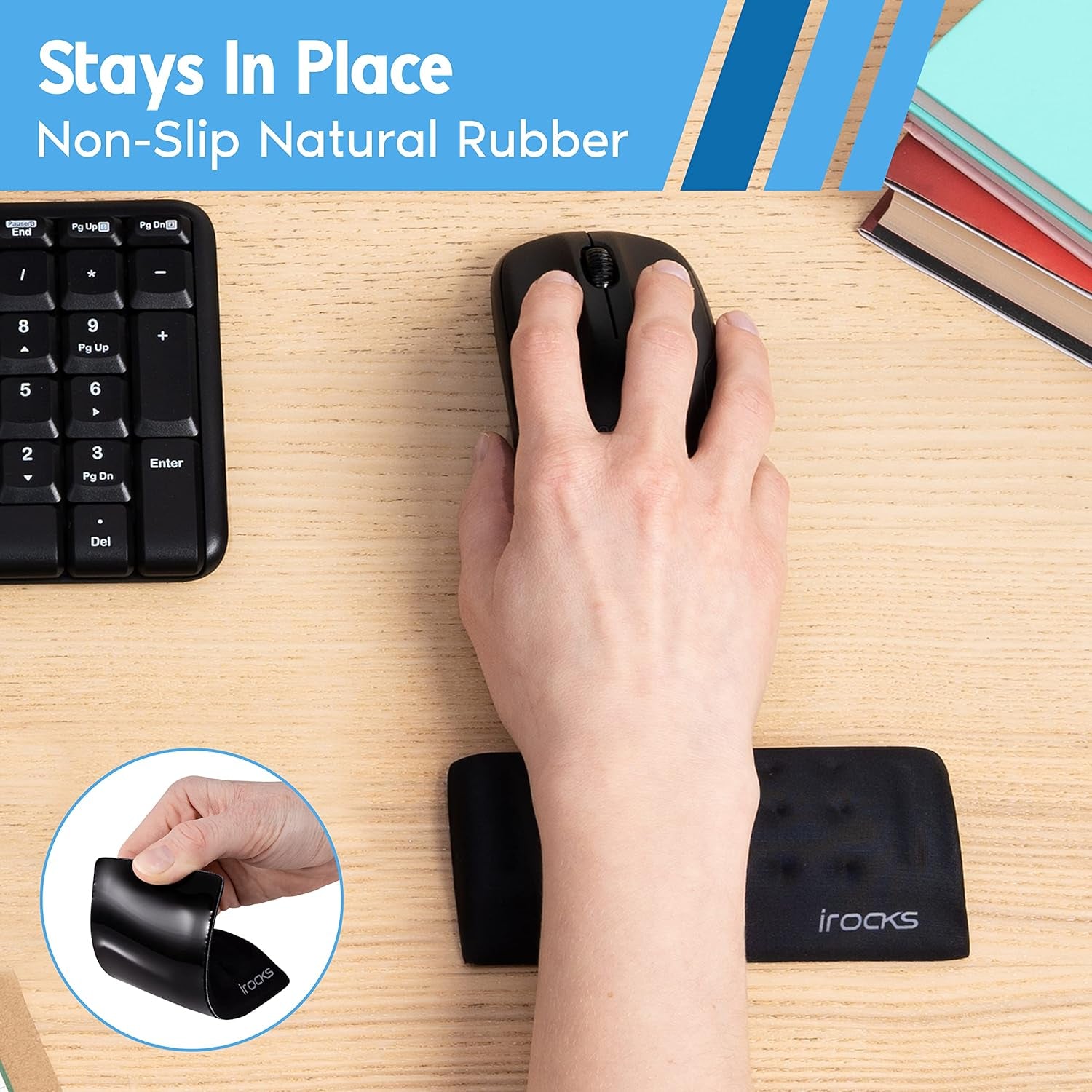 Memory Foam Mouse Wrist Rest - Pain-Reducing Wrist Rest for Mouse - Non-Slip Rubber Base Wrist Rest - Cooling Mouse Wrist Support for Long Hours of Work, Studying, Gaming (Black)