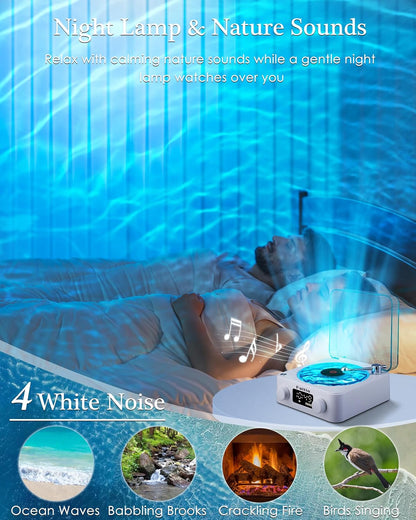 Charming Waves Vinyl Bluetooth Speaker - Retro Style with Ocean Sound White Noise, Ambient Light & Timer for Relaxation and Fun