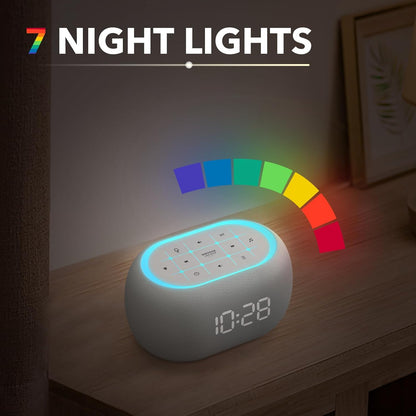 White Noise Sound Machine Alarm Clock with Bluetooth Speaker, Featuring 21 Soothing Sounds, 7 Adjustable Night Lights, 0-100% Dimmer, Sleep Timer, and 30-Level Volume Control for Enhanced Sleep Experience for All Ages