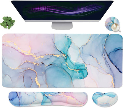 Extended Keyboard and Mouse Pad Set with Ergonomic Wrist Rest Support - Memory Foam, 3-Piece Desk Pad Set (35.4 x 15.7 in) for Home Office, Study, and Gaming - Weeds Design