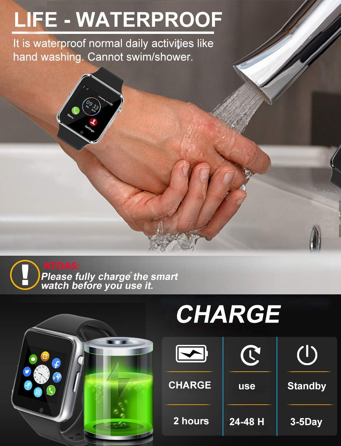 Smart Watch Bluetooth Watch Support Make/Answer Phones Receive/View Messages Compatible Iphone Android Ios Phones with Camera Pedometer SIM SD Card Slot for Men Women Kids (Silver)