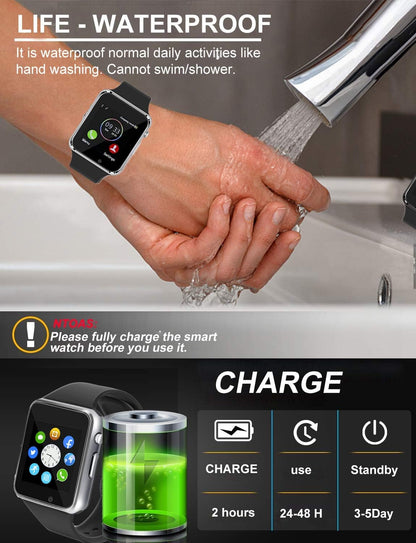 Smart Watch Bluetooth Watch Support Make/Answer Phones Receive/View Messages Compatible Iphone Android Ios Phones with Camera Pedometer SIM SD Card Slot for Men Women Kids (Silver)