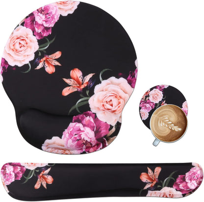 Ergonomic Mouse Pad and Wrist Support Set with Non-Slip Base for Computer and Laptop Use, Includes Coasters, Ideal for Home Office, Tropical Plants Design