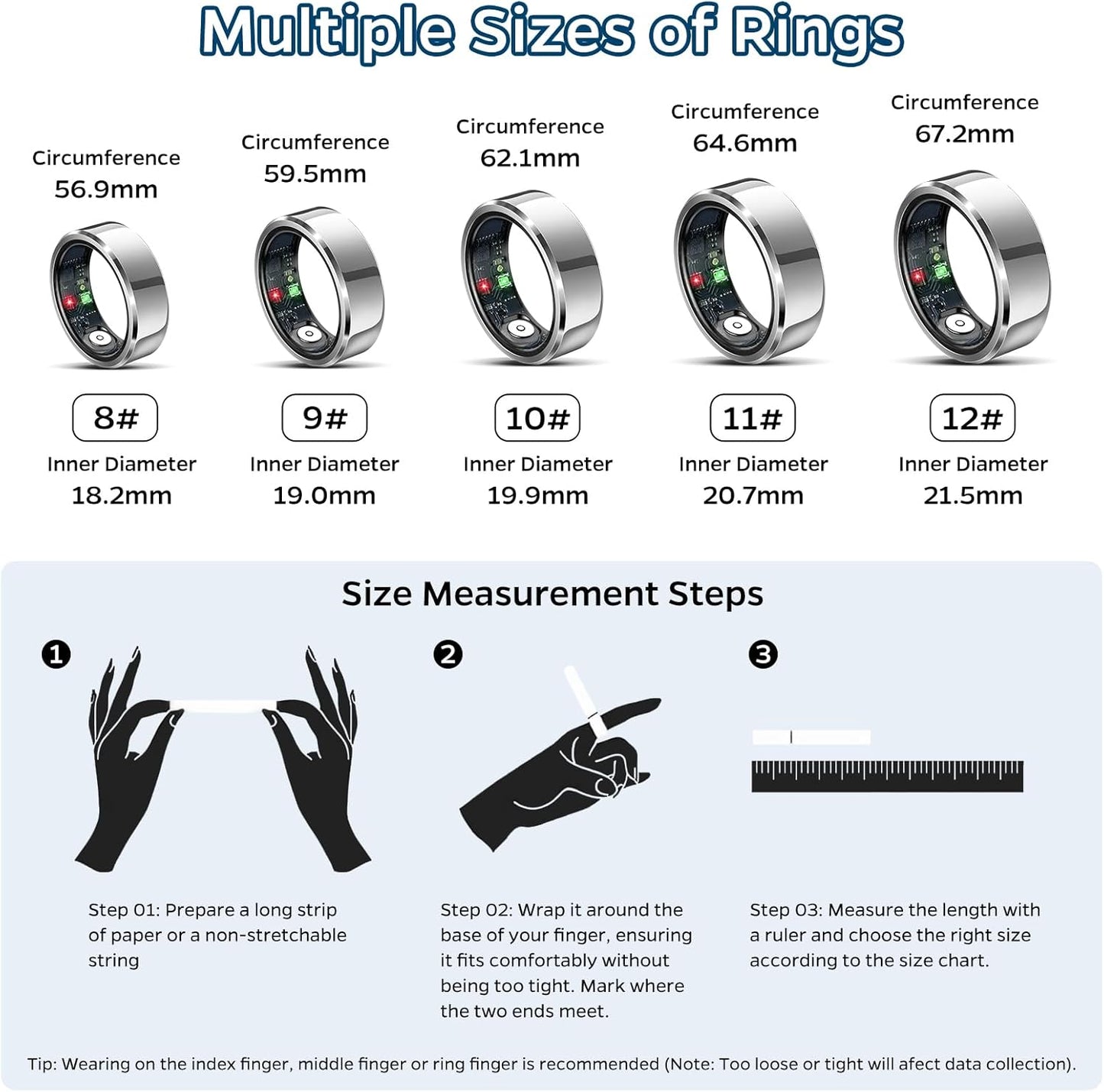 Sleep Monitoring Ring with Heart Rate Tracking, Waterproof Fitness Tracker for Activity Monitoring, Step Count, Distance, and Caloric Burn, Air Gesture Control, Up to 7-Day Battery Life, Compatible with iOS and Android (Silver, Size 12)