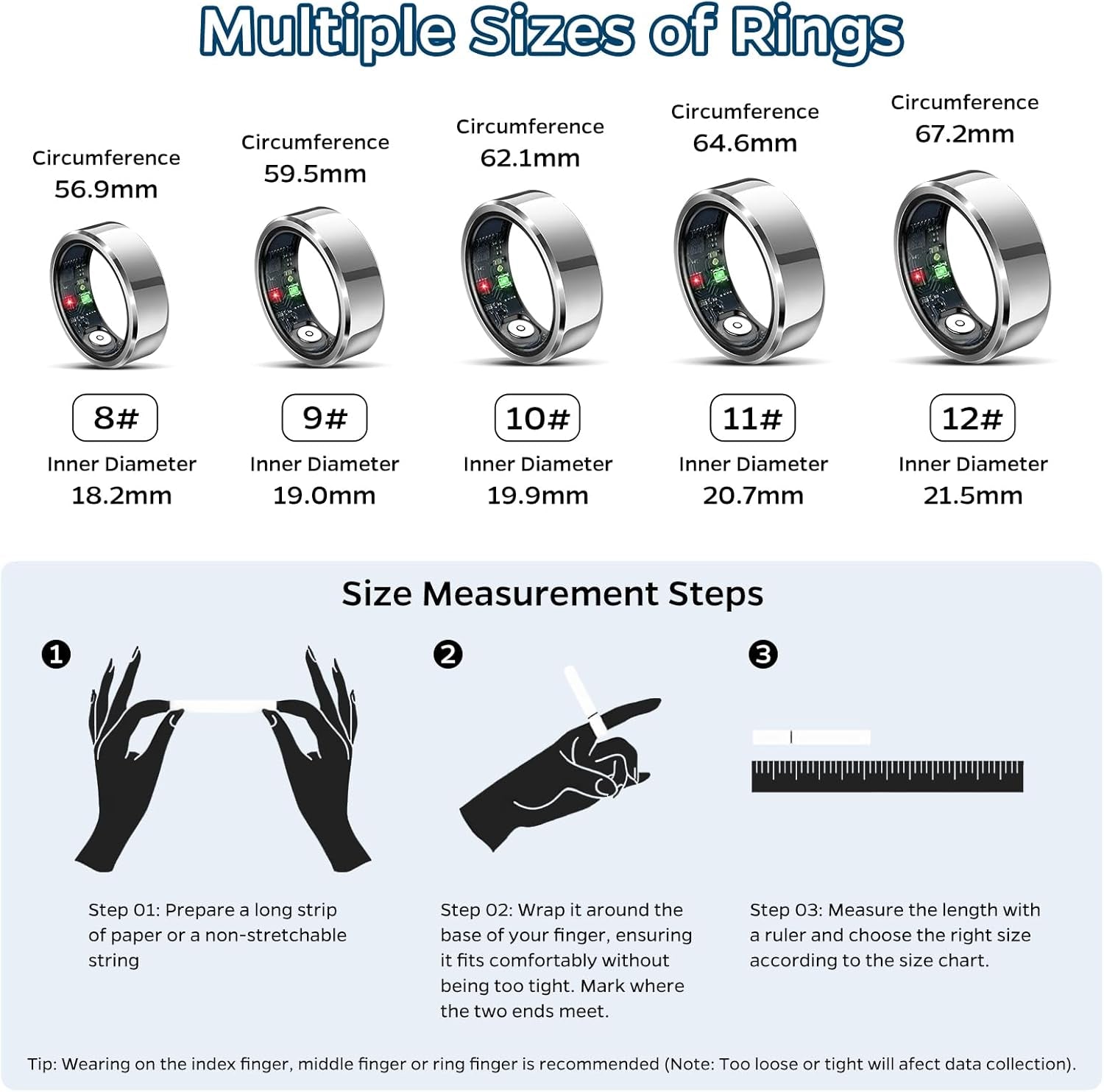 Sleep Monitoring Ring with Heart Rate Tracking, Waterproof Fitness Tracker for Activity Monitoring, Step Count, Distance, and Caloric Burn, Air Gesture Control, Up to 7-Day Battery Life, Compatible with iOS and Android (Silver, Size 12)