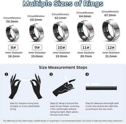 Sleep Monitoring Ring with Heart Rate Tracking, Waterproof Fitness Tracker for Activity Monitoring, Step Count, Distance, and Caloric Burn, Air Gesture Control, Up to 7-Day Battery Life, Compatible with iOS and Android (Silver, Size 12)