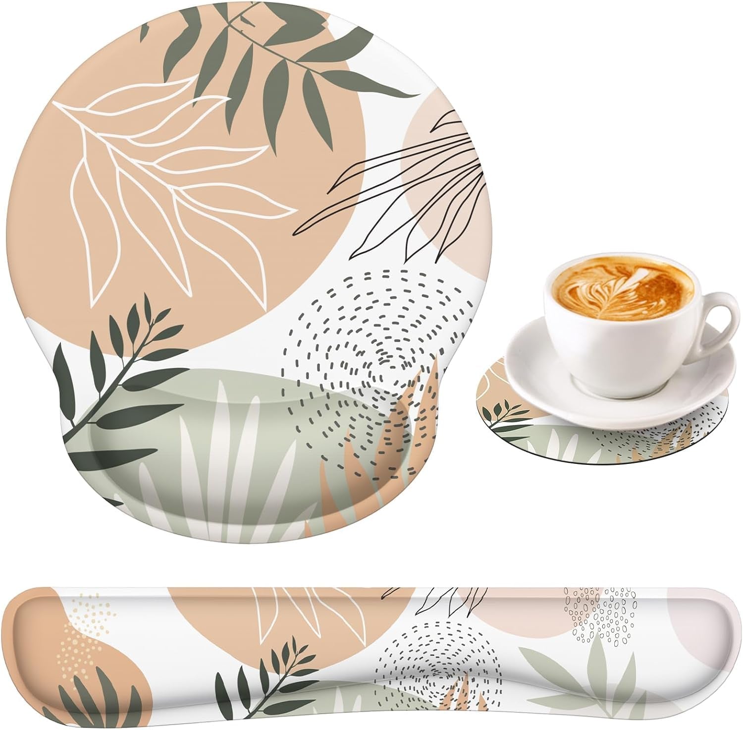 Ergonomic Mouse Pad and Wrist Support Set with Non-Slip Base for Computer and Laptop Use, Includes Coasters, Ideal for Home Office, Tropical Plants Design