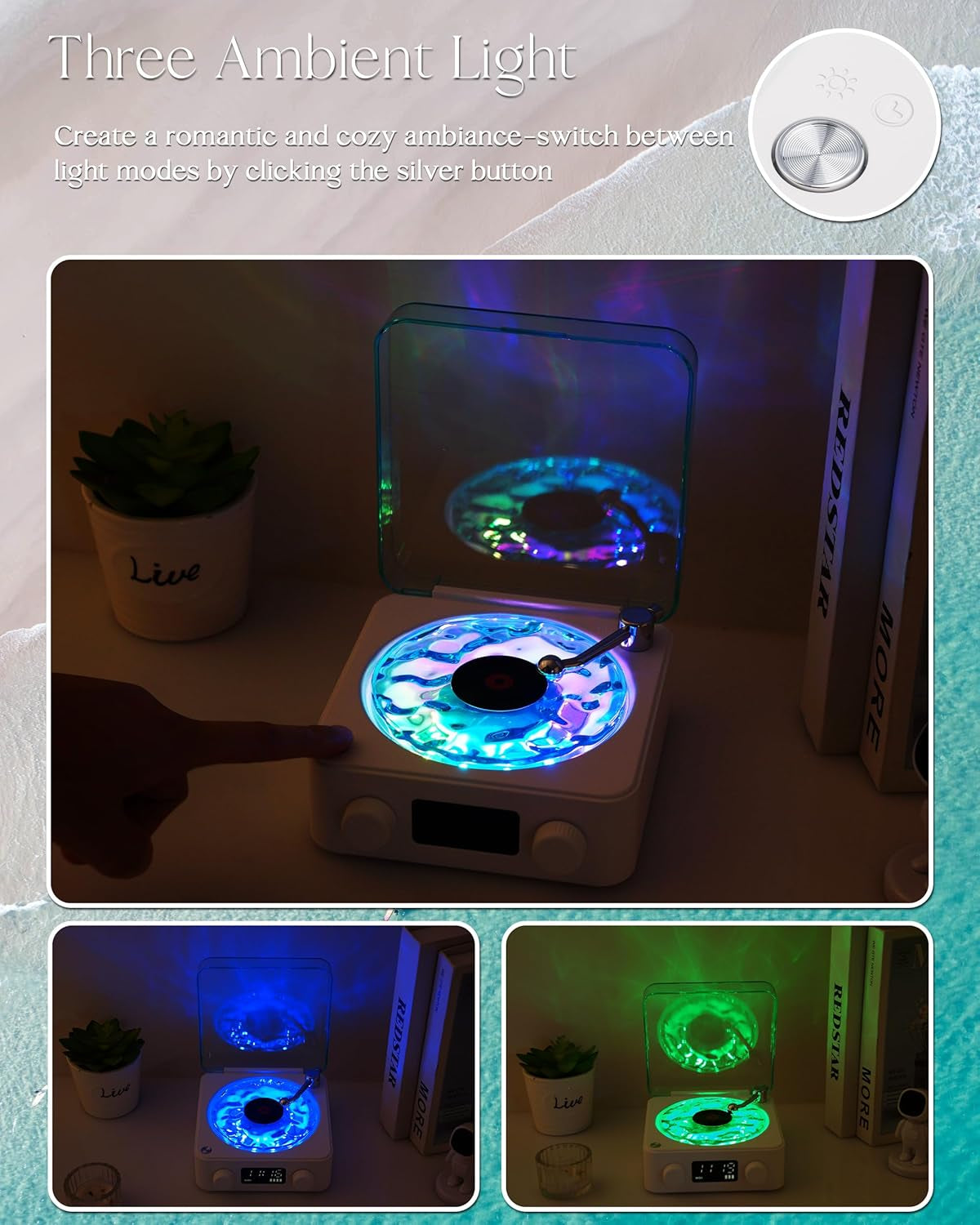 Charming Waves Vinyl Bluetooth Speaker - Retro Style with Ocean Sound White Noise, Ambient Light & Timer for Relaxation and Fun