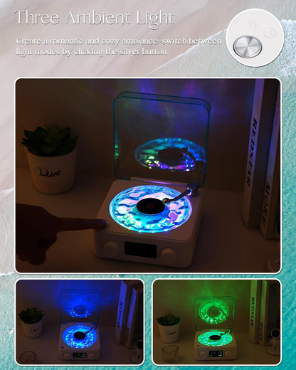 Charming Waves Vinyl Bluetooth Speaker - Retro Style with Ocean Sound White Noise, Ambient Light & Timer for Relaxation and Fun