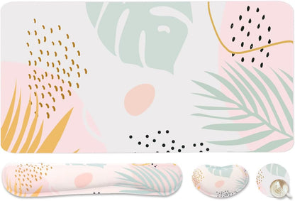 Extended Keyboard and Mouse Pad Set with Ergonomic Wrist Rest Support - Memory Foam, 3-Piece Desk Pad Set (35.4 x 15.7 in) for Home Office, Study, and Gaming - Weeds Design