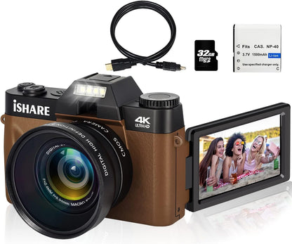 Professional Digital Camera for Photography and Vlogging, Featuring WiFi, 180° Flip Screen, 16X Digital Zoom, Wide-Angle Lens, and 32GB Micro SD Card, Ideal for All Ages