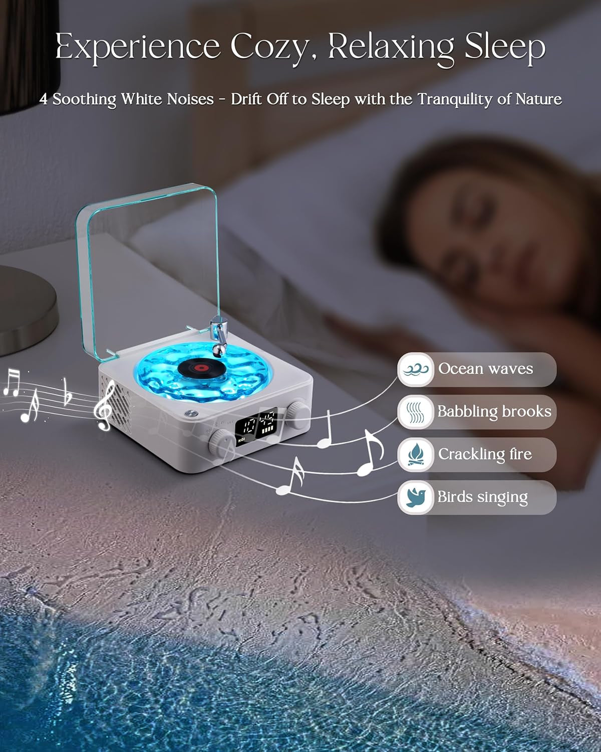 Charming Waves Vinyl Bluetooth Speaker - Retro Style with Ocean Sound White Noise, Ambient Light & Timer for Relaxation and Fun