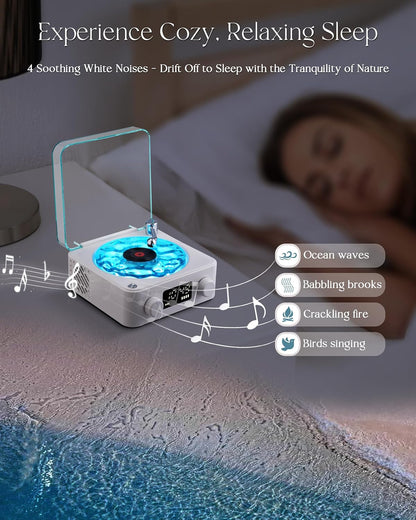 Charming Waves Vinyl Bluetooth Speaker - Retro Style with Ocean Sound White Noise, Ambient Light & Timer for Relaxation and Fun