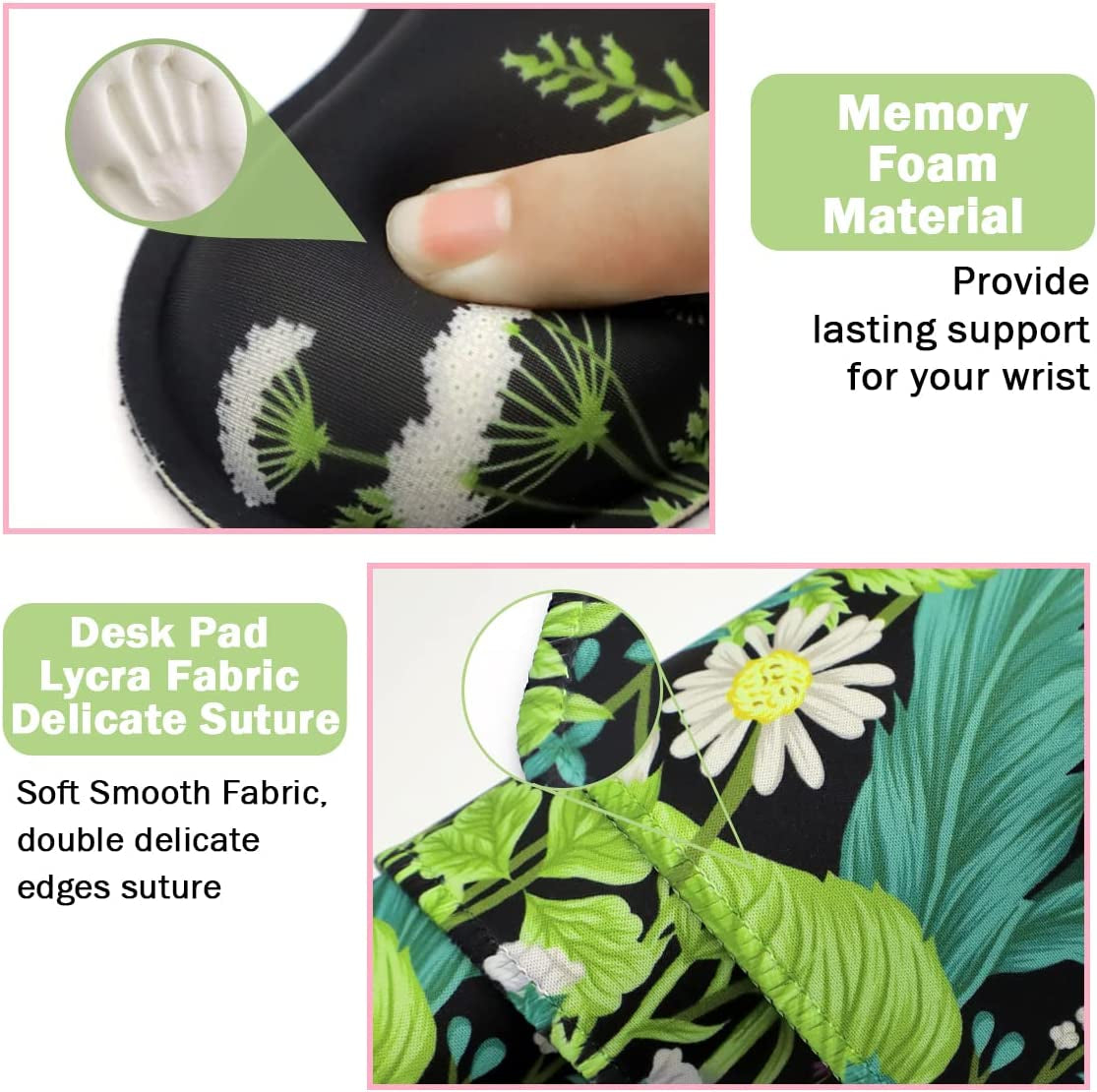 Extended Keyboard and Mouse Pad Set with Ergonomic Wrist Rest Support - Memory Foam, 3-Piece Desk Pad Set (35.4 x 15.7 in) for Home Office, Study, and Gaming - Weeds Design