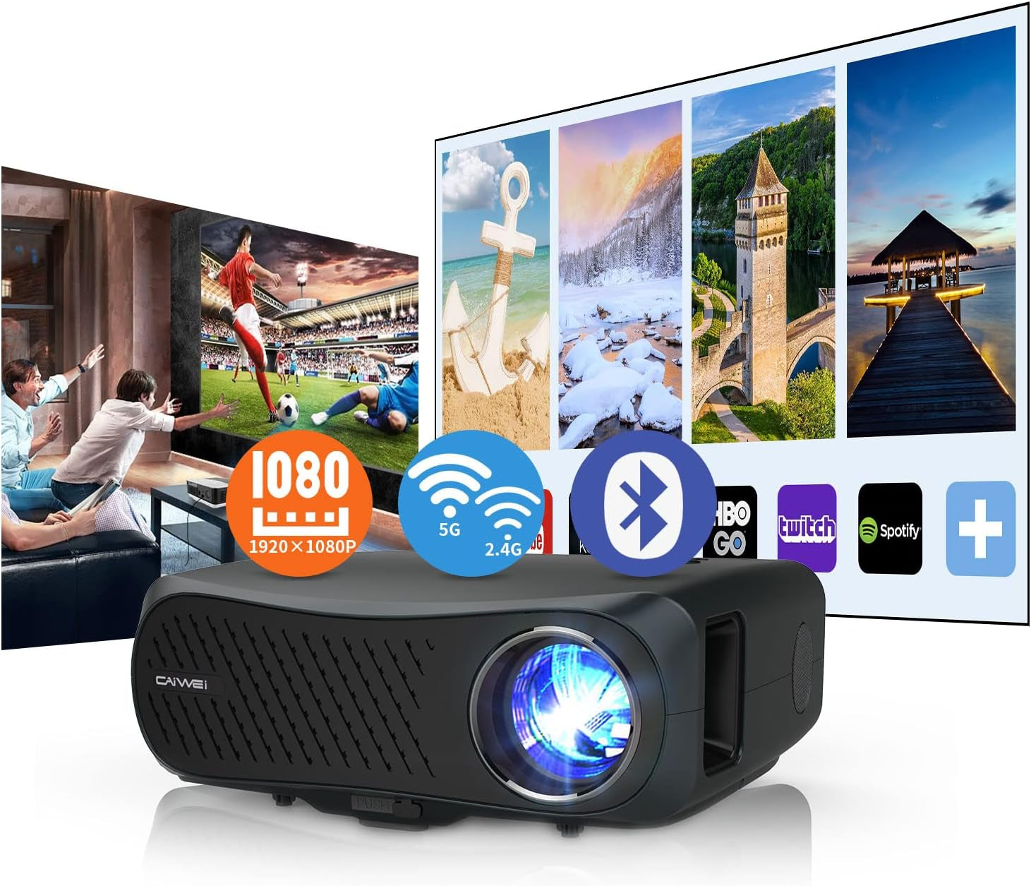 Smart Home Projector - 10,000 Lumen, Native 1080P, 4K Support, 300" Image, Built-in Android System, 5G Wi-Fi, Bluetooth - Full HD for Outdoor Movies, Netflix, Gaming, and Work