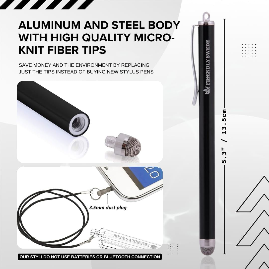Professional Mesh Tip Stylus Pen Set for Touchscreen Devices – 3-Pack Micro-Knit Capacitive Stylus with Replaceable Fiber Tips, Elastic Lanyards, and Screen Cleaning Cloth