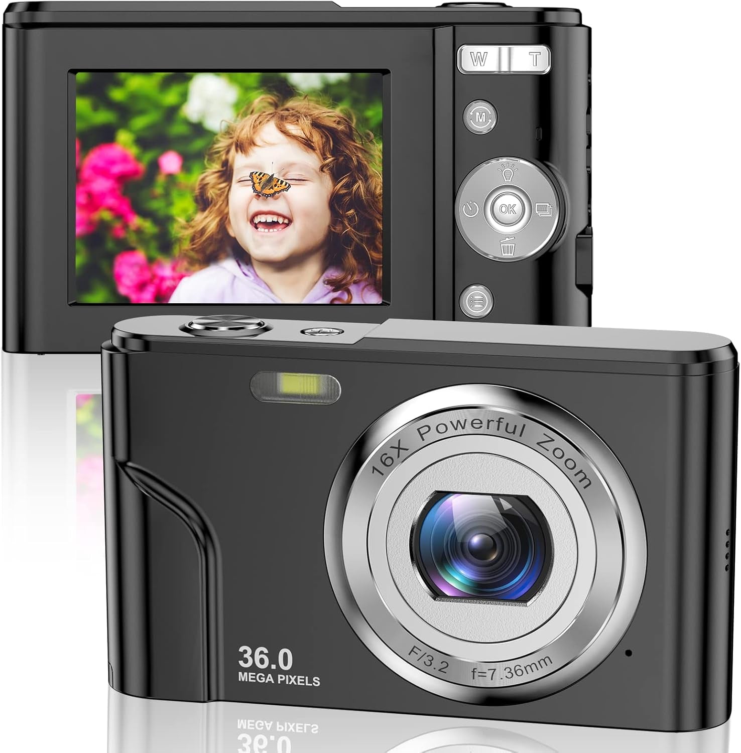 Children's Digital Camera - 36MP, 1080P FHD, 16X Digital Zoom, Rechargeable Compact Vlogging Camera for Kids and Teens (Black)
