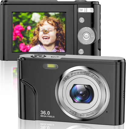 Children's Digital Camera - 36MP, 1080P FHD, 16X Digital Zoom, Rechargeable Compact Vlogging Camera for Kids and Teens (Black)