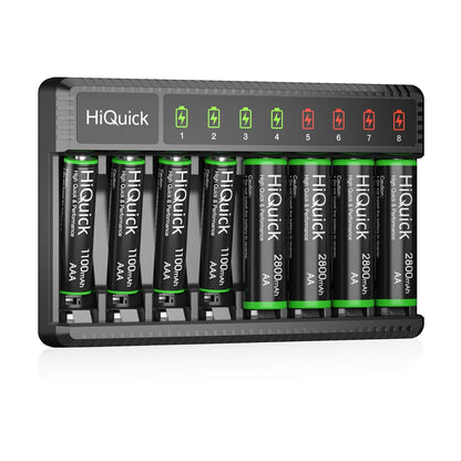 8 Bay Smart Battery Charger with AA & AAA Rechargeable Batteries- Fast Charging Household and 2800Mah Batteries 4 Pack 1100Mah