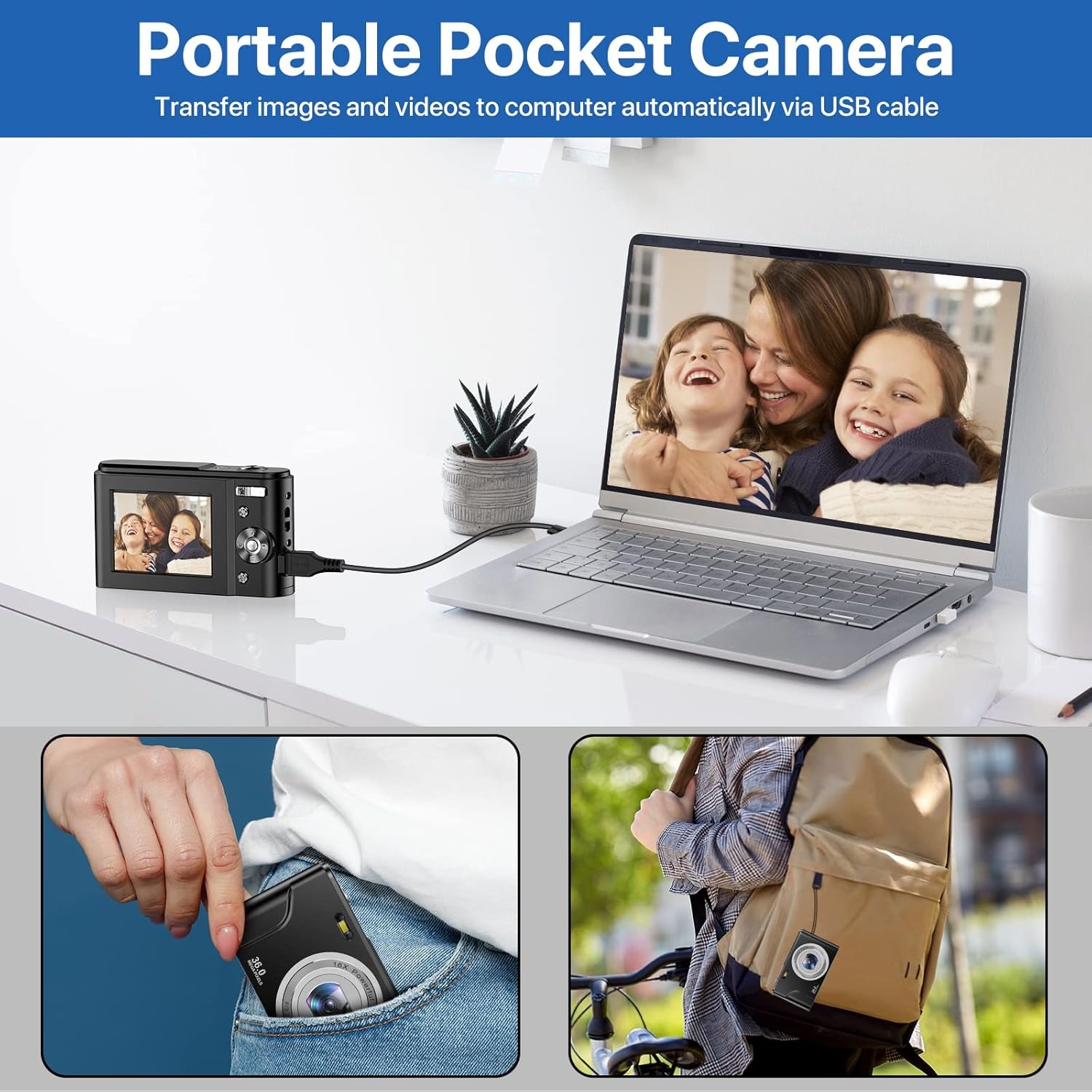 Children's Digital Camera - 36MP, 1080P FHD, 16X Digital Zoom, Rechargeable Compact Vlogging Camera for Kids and Teens (Black)