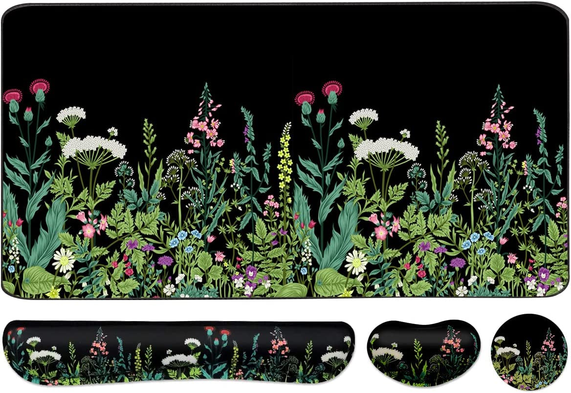 Extended Keyboard and Mouse Pad Set with Ergonomic Wrist Rest Support - Memory Foam, 3-Piece Desk Pad Set (35.4 x 15.7 in) for Home Office, Study, and Gaming - Weeds Design