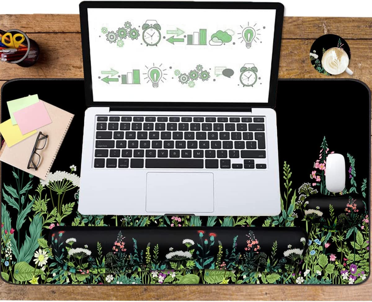 Extended Keyboard and Mouse Pad Set with Ergonomic Wrist Rest Support - Memory Foam, 3-Piece Desk Pad Set (35.4 x 15.7 in) for Home Office, Study, and Gaming - Weeds Design