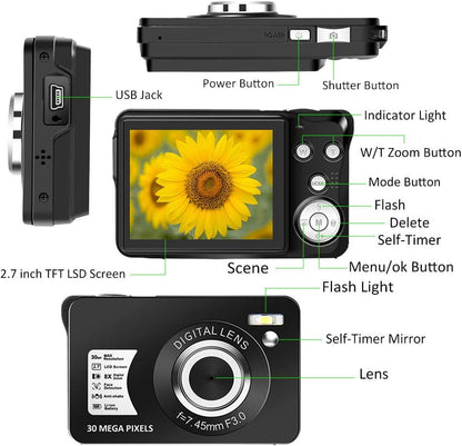 Compact 30 MP Digital Camera with 2.7 Inch LCD Screen and 8X Digital Zoom - Ideal for Vlogging, Suitable for Adults, Kids, and Beginners (Includes 32GB SD Card and Battery) - Black