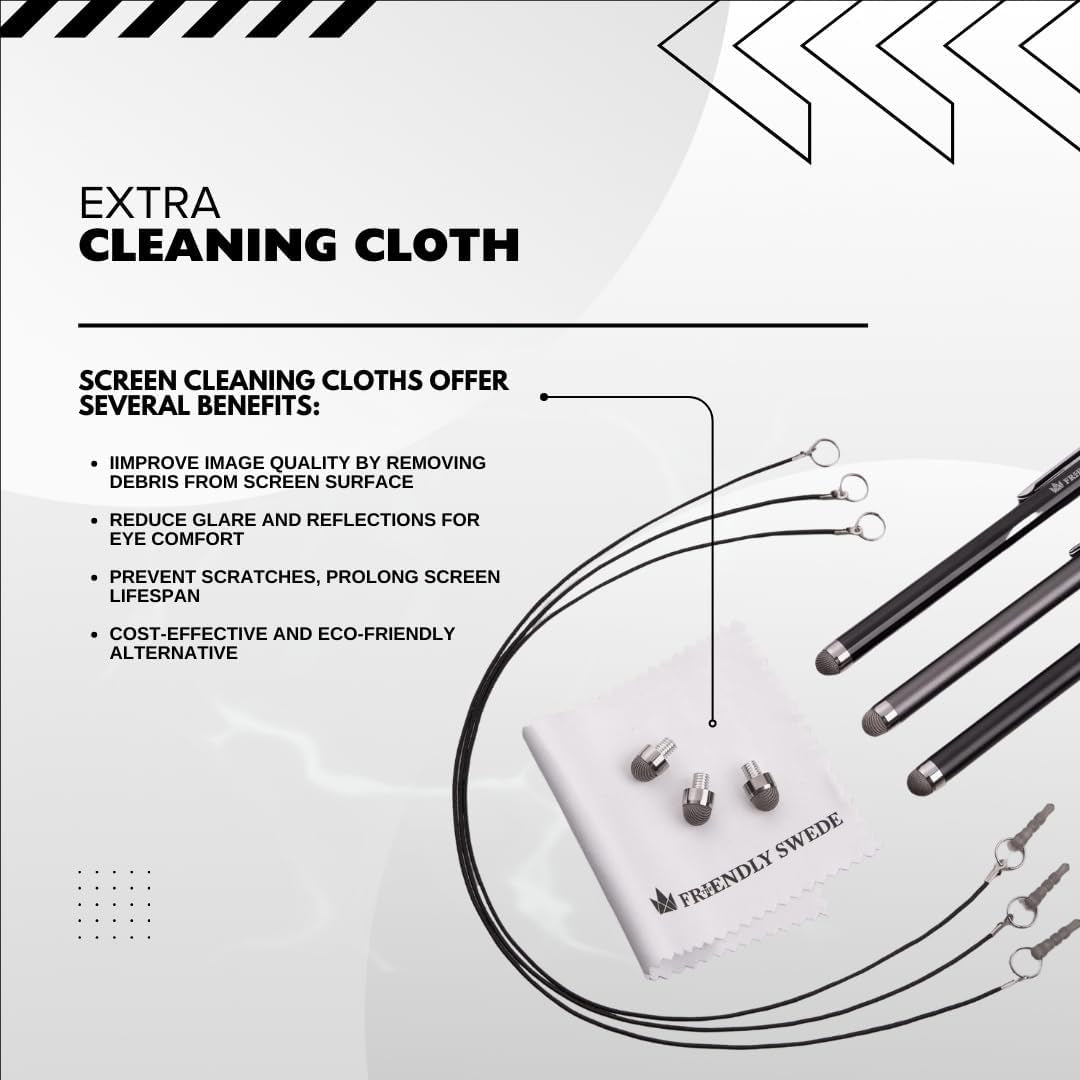 Professional Mesh Tip Stylus Pen Set for Touchscreen Devices – 3-Pack Micro-Knit Capacitive Stylus with Replaceable Fiber Tips, Elastic Lanyards, and Screen Cleaning Cloth