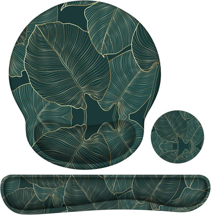 Ergonomic Mouse Pad and Wrist Support Set with Non-Slip Base for Computer and Laptop Use, Includes Coasters, Ideal for Home Office, Tropical Plants Design