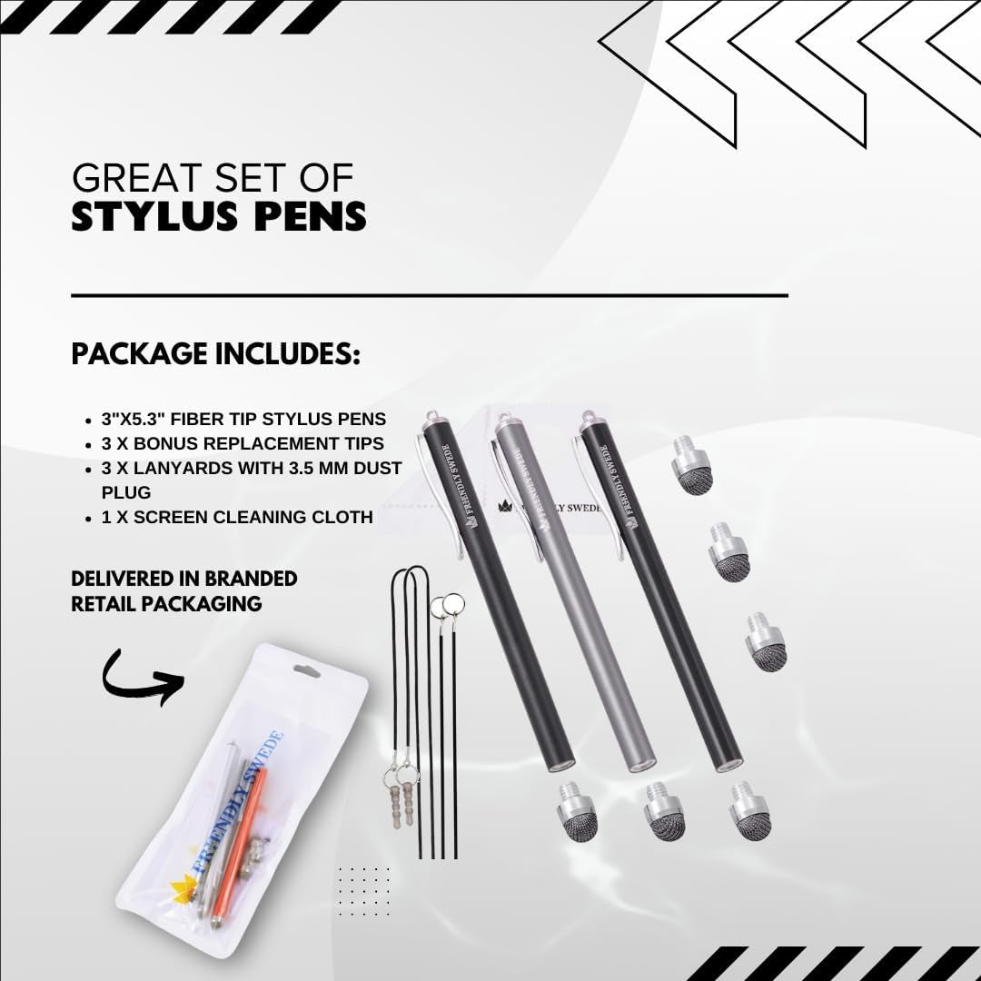 Professional Mesh Tip Stylus Pen Set for Touchscreen Devices – 3-Pack Micro-Knit Capacitive Stylus with Replaceable Fiber Tips, Elastic Lanyards, and Screen Cleaning Cloth
