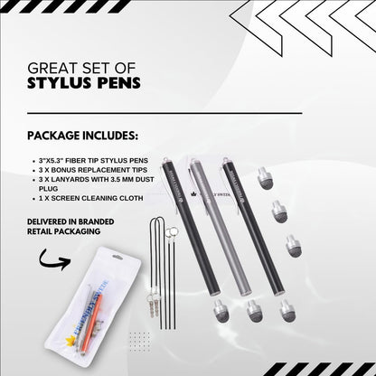 Professional Mesh Tip Stylus Pen Set for Touchscreen Devices – 3-Pack Micro-Knit Capacitive Stylus with Replaceable Fiber Tips, Elastic Lanyards, and Screen Cleaning Cloth
