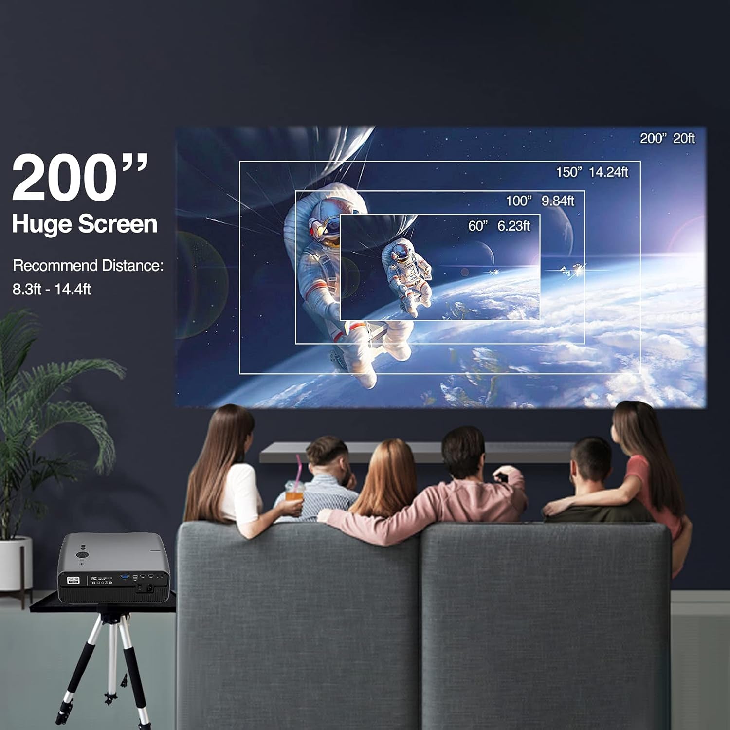 Smart Home Projector - 10,000 Lumen, Native 1080P, 4K Support, 300" Image, Built-in Android System, 5G Wi-Fi, Bluetooth - Full HD for Outdoor Movies, Netflix, Gaming, and Work