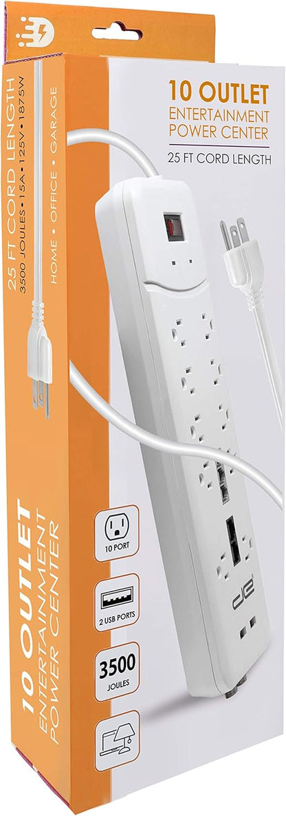10-Outlet Heavy-Duty Surge Protector with 4050 Joules and 25 FT Straight Plug (White)