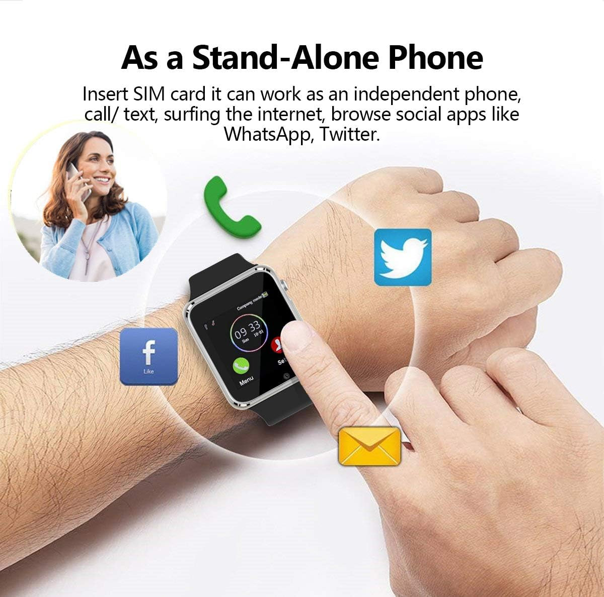 Smart Watch Bluetooth Watch Support Make/Answer Phones Receive/View Messages Compatible Iphone Android Ios Phones with Camera Pedometer SIM SD Card Slot for Men Women Kids (Silver)