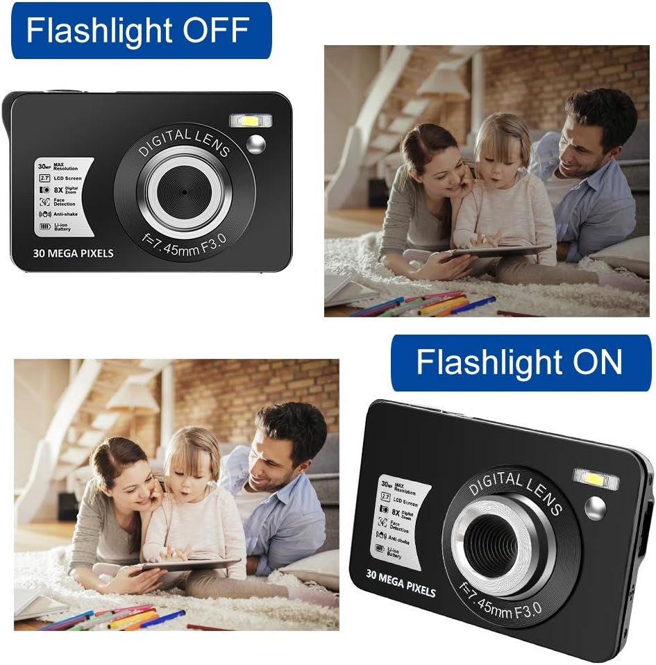 Compact 30 MP Digital Camera with 2.7 Inch LCD Screen and 8X Digital Zoom - Ideal for Vlogging, Suitable for Adults, Kids, and Beginners (Includes 32GB SD Card and Battery) - Black