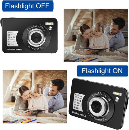 Compact 30 MP Digital Camera with 2.7 Inch LCD Screen and 8X Digital Zoom - Ideal for Vlogging, Suitable for Adults, Kids, and Beginners (Includes 32GB SD Card and Battery) - Black