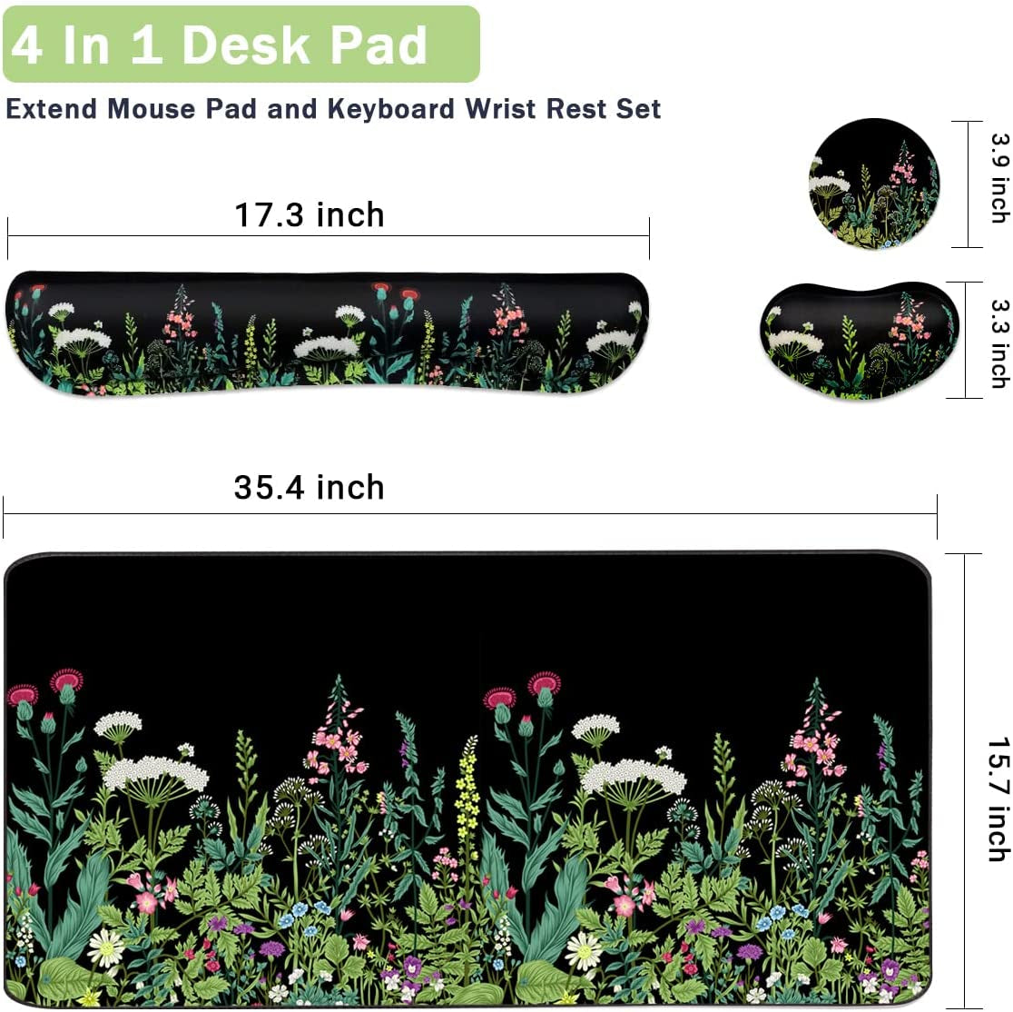 Extended Keyboard and Mouse Pad Set with Ergonomic Wrist Rest Support - Memory Foam, 3-Piece Desk Pad Set (35.4 x 15.7 in) for Home Office, Study, and Gaming - Weeds Design