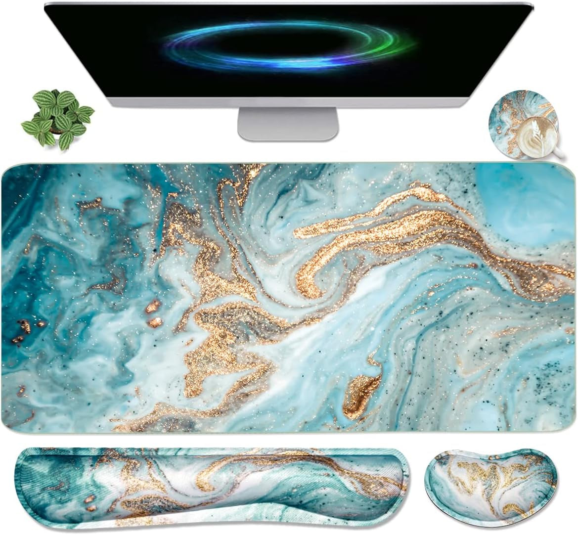 Extended Keyboard and Mouse Pad Set with Ergonomic Wrist Rest Support - Memory Foam, 3-Piece Desk Pad Set (35.4 x 15.7 in) for Home Office, Study, and Gaming - Weeds Design